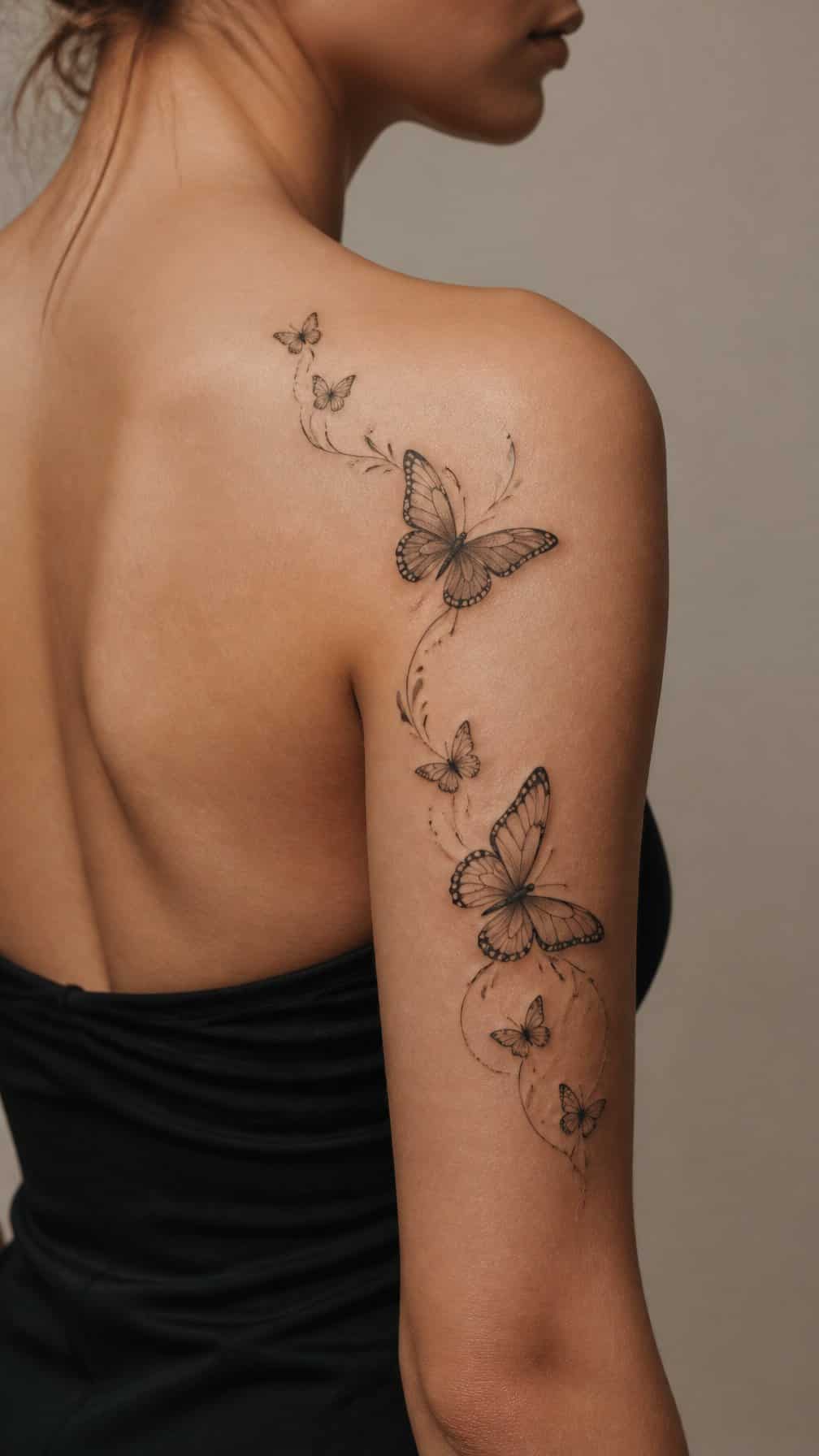 A butterfly tattoo trail curves across a person’s shoulder and upper arm.