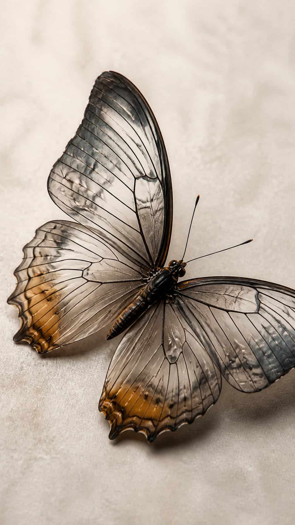 A butterfly with translucent wings and visible skeletal details resting on a neutral surface.