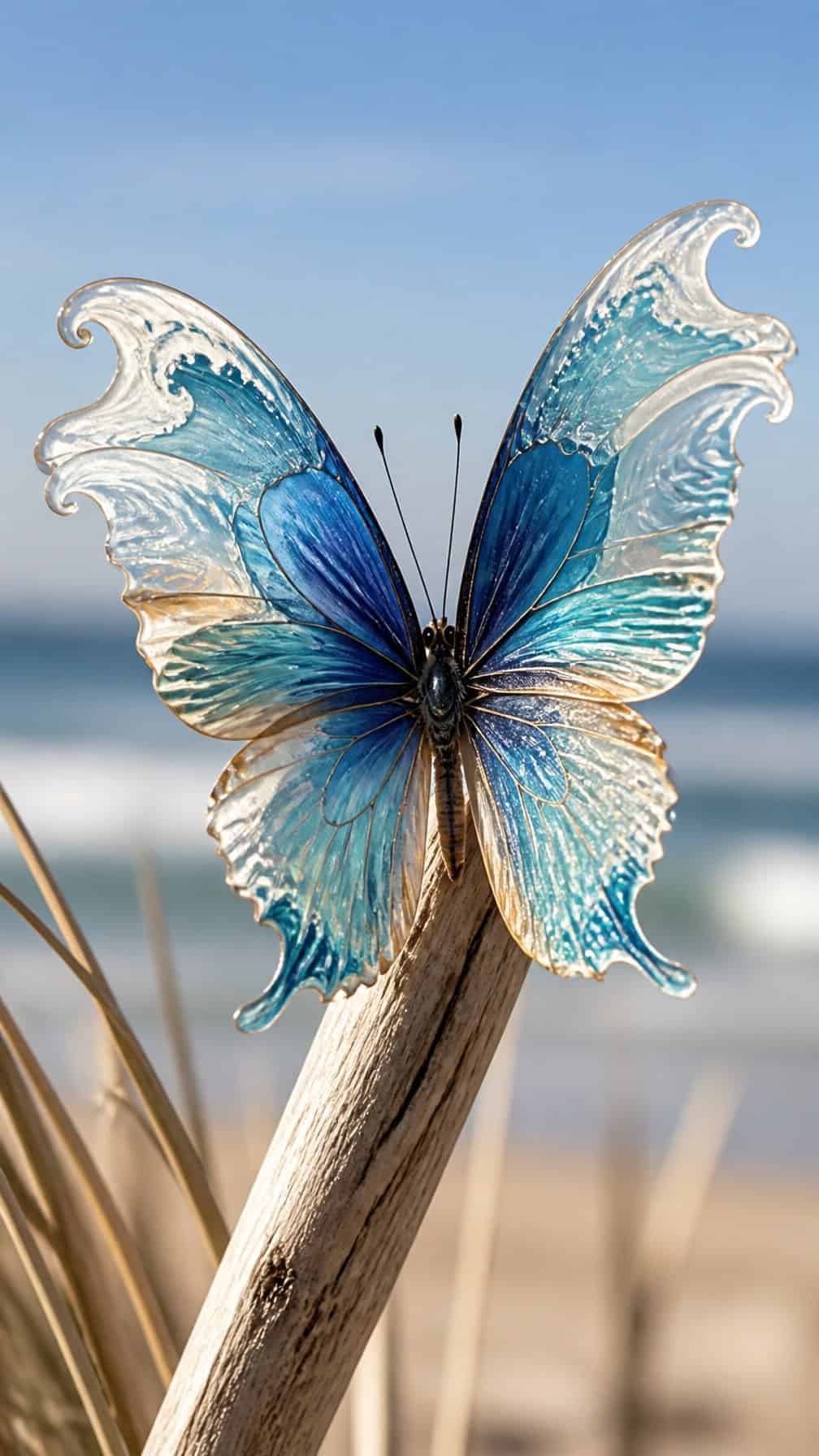 A blue butterfly with ocean-wave-shaped wings rests on a coastal stem.