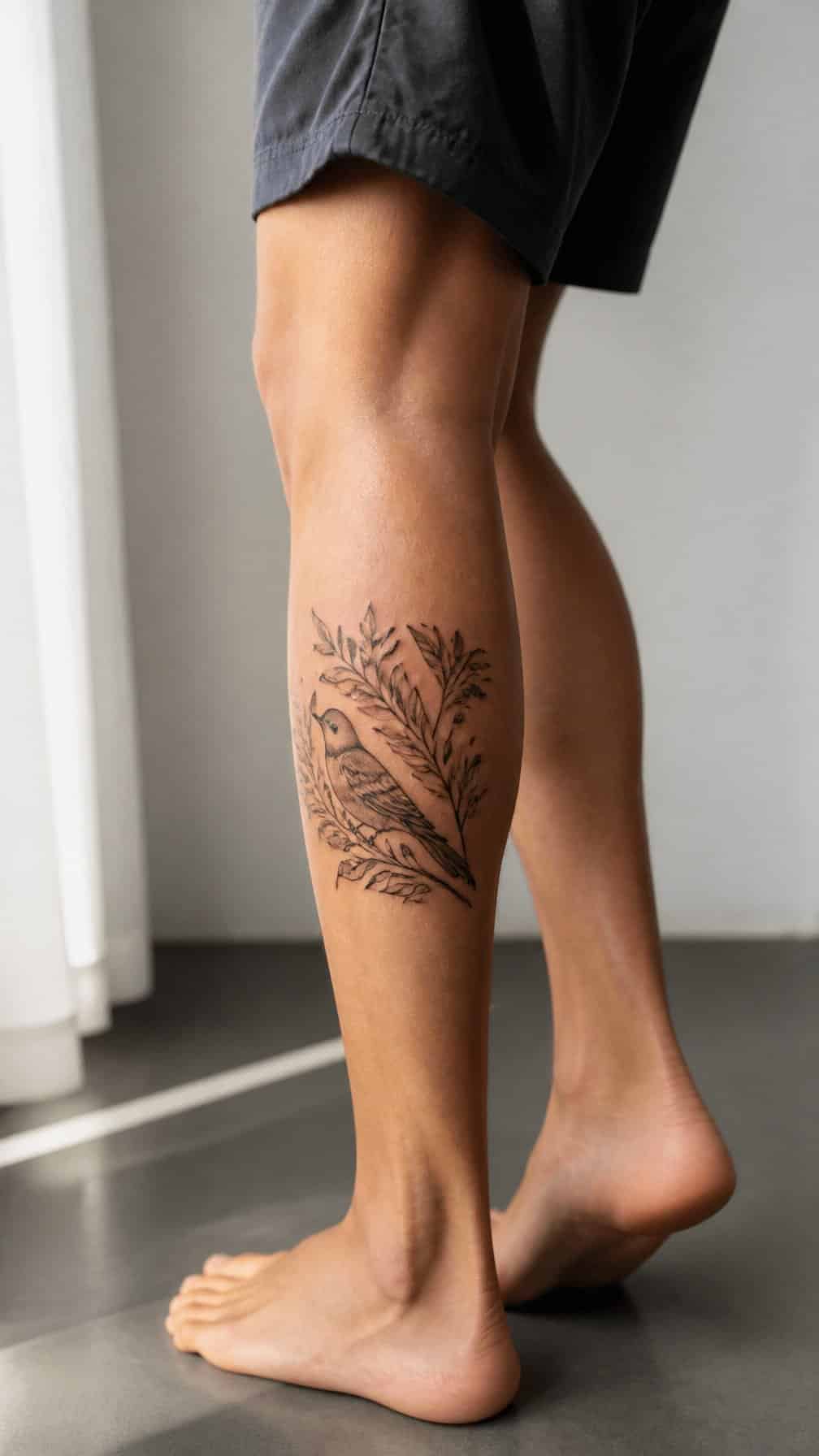 A person stands with a medium-sized illustrative tattoo visible on the outer calf.
