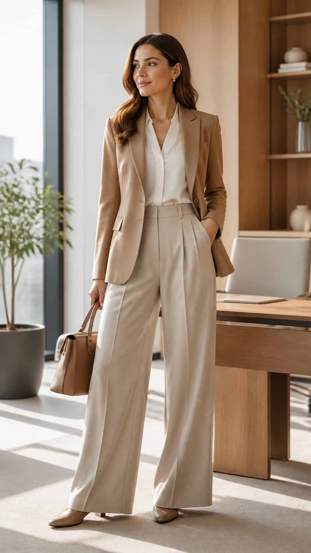 A woman in a camel blazer and wide-leg trousers stands in a bright modern office.