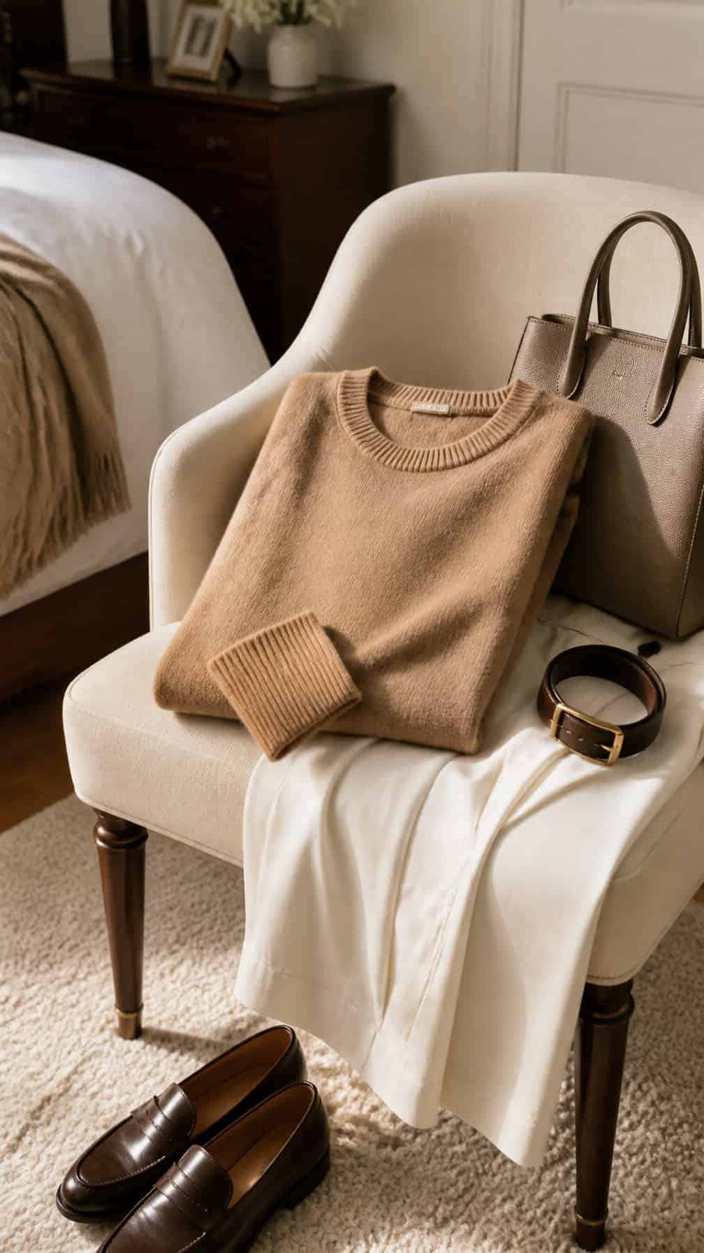 A camel-colored sweater arranged with classic neutral clothing and accessories in a bright room.