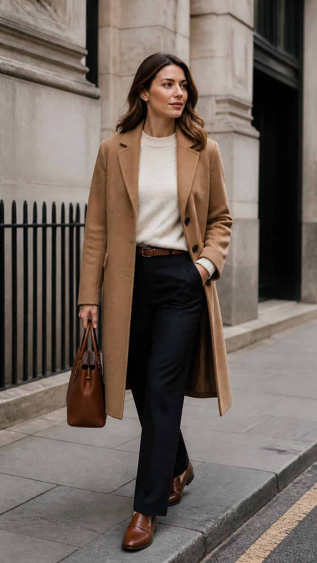 A woman wearing a camel tailored coat walks along a city street.