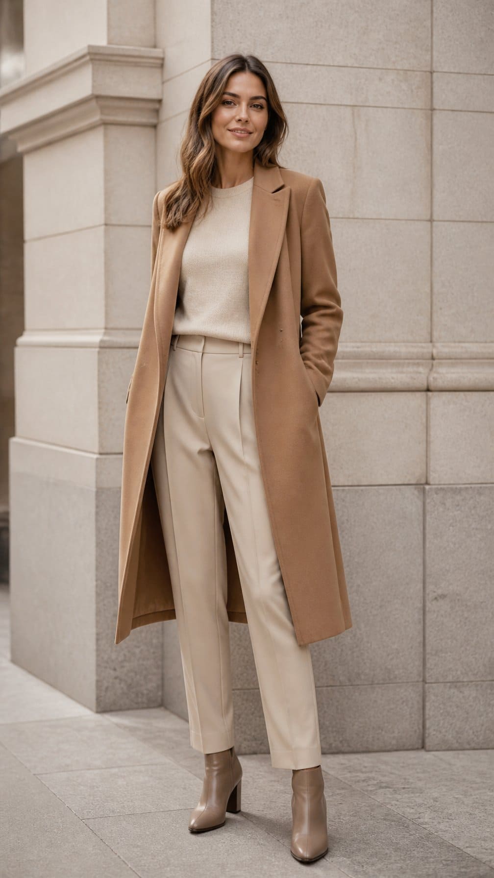 A woman wearing a camel wool coat over a monochrome neutral outfit stands in an urban setting.