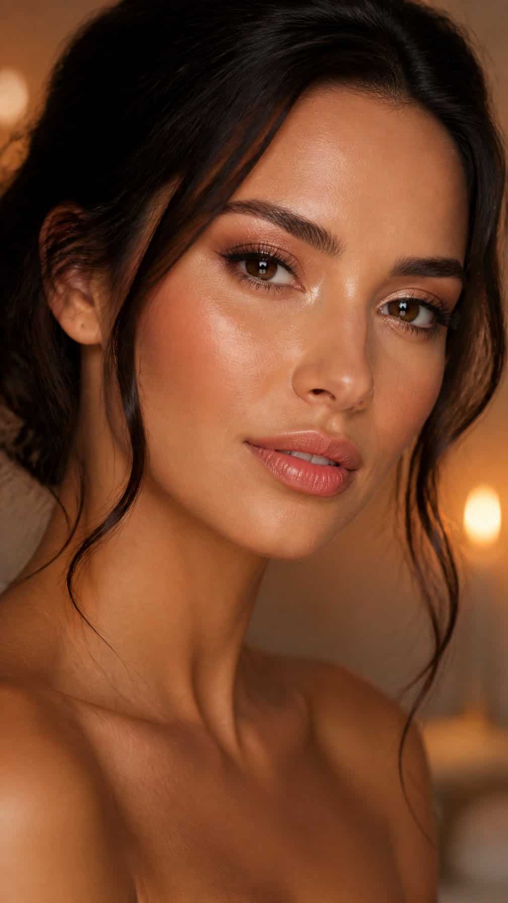 Close-up portrait of a woman with glowing makeup, peach lipstick, and softly defined eyes in warm candlelight.