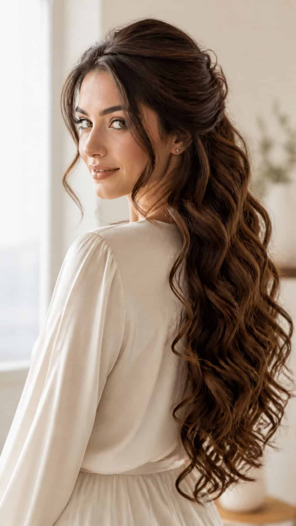 Woman with long cascading curls flowing over her shoulders.
