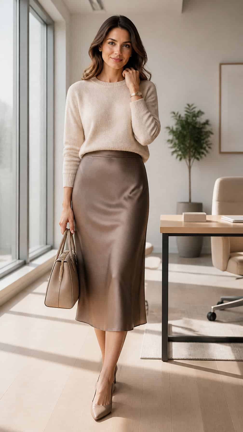 A woman in a cashmere sweater and satin midi skirt stands in a bright modern office.