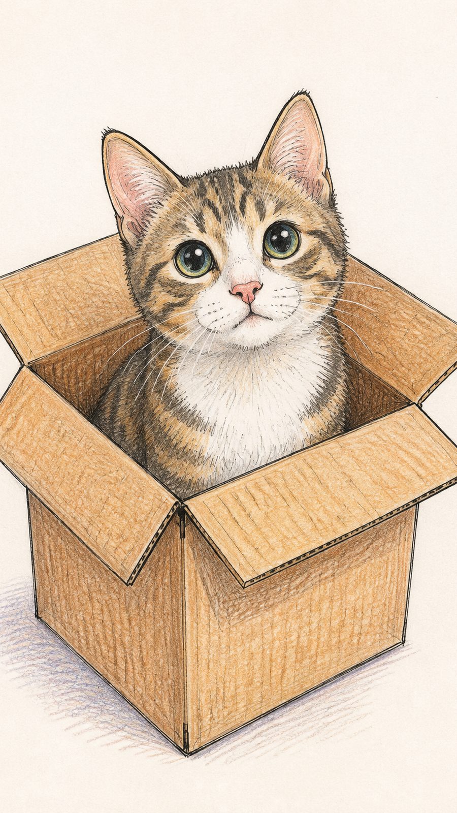 A hand-drawn artwork of cat inside a cardboard box.