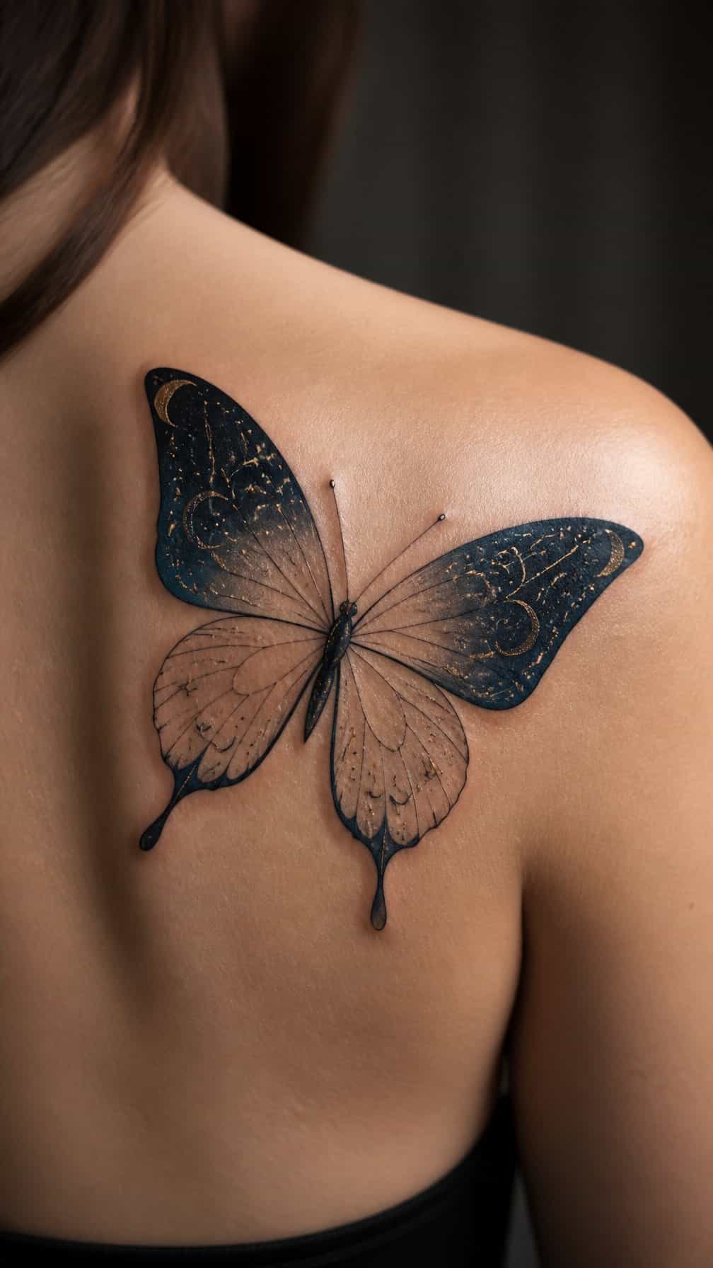 A detailed butterfly tattoo with subtle constellation patterns on softly illuminated skin.