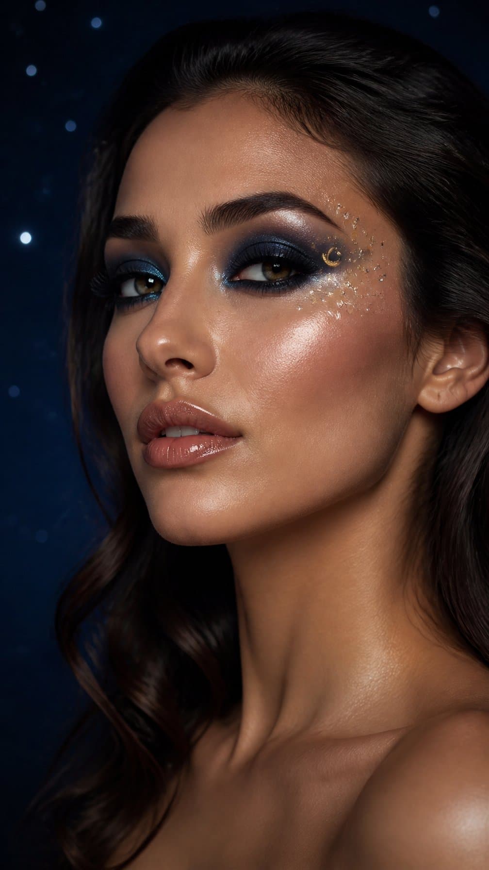 A person wearing elegant crescent moon and star makeup around one eye.
