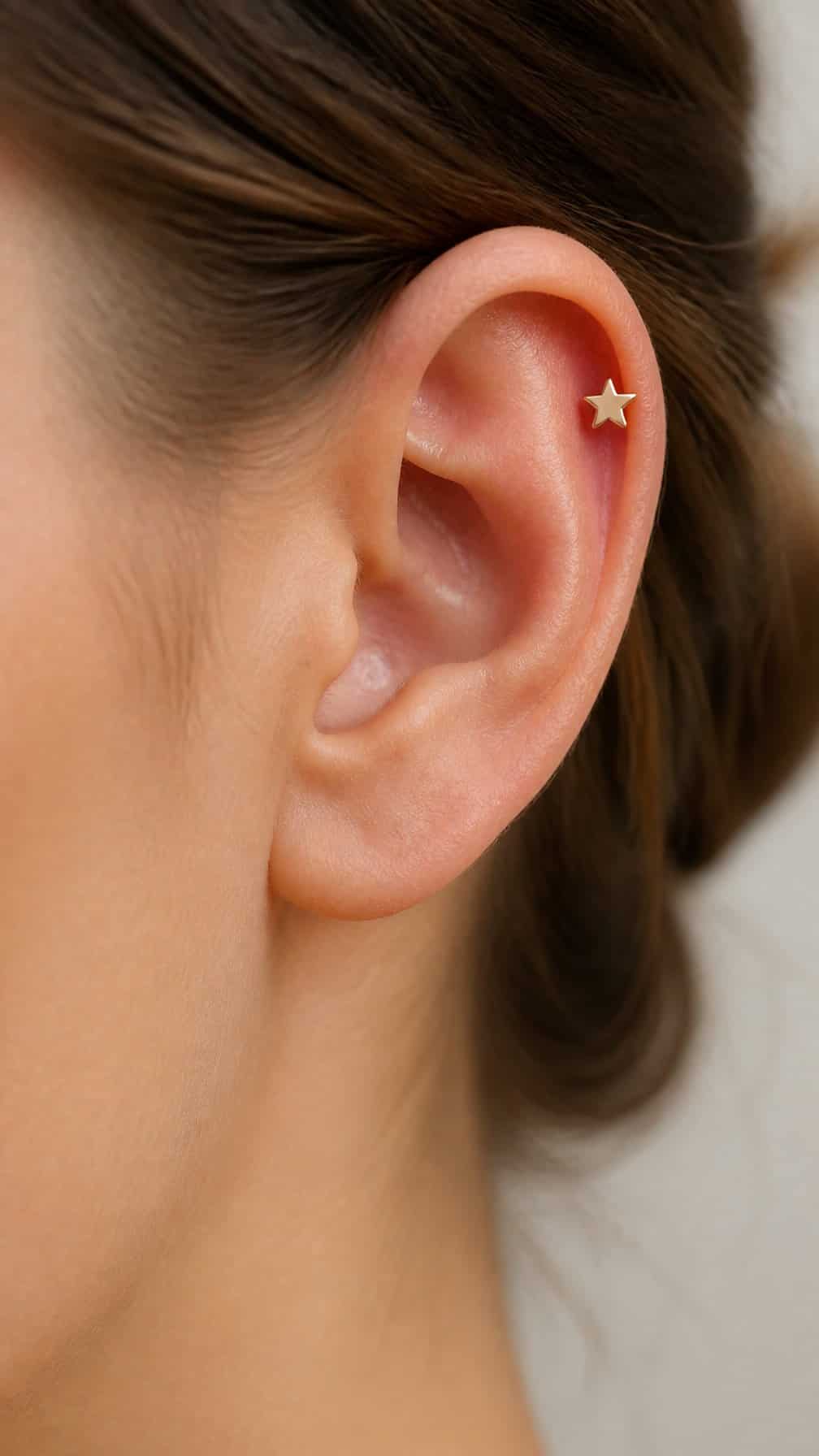 Close-up of an ear with a small star-shaped stud in the upper cartilage.