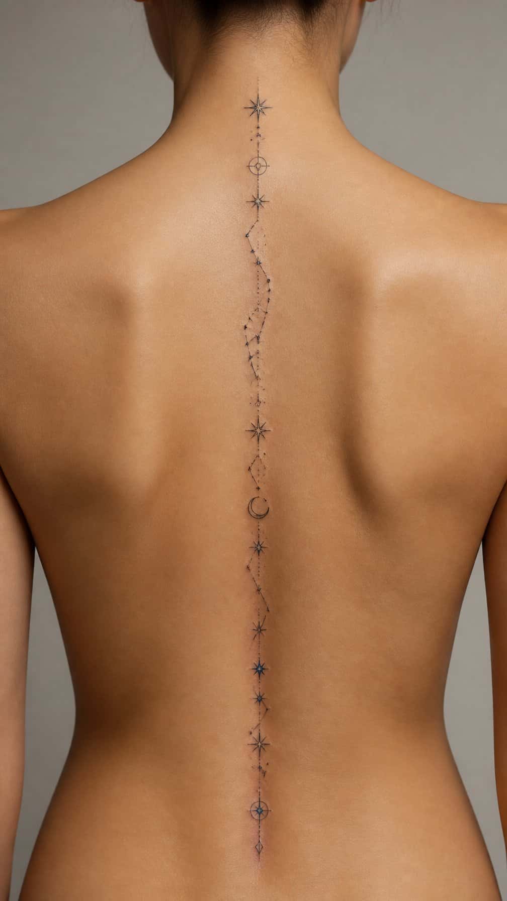 A person’s back with a delicate stars and constellations tattoo running vertically along the spine.
