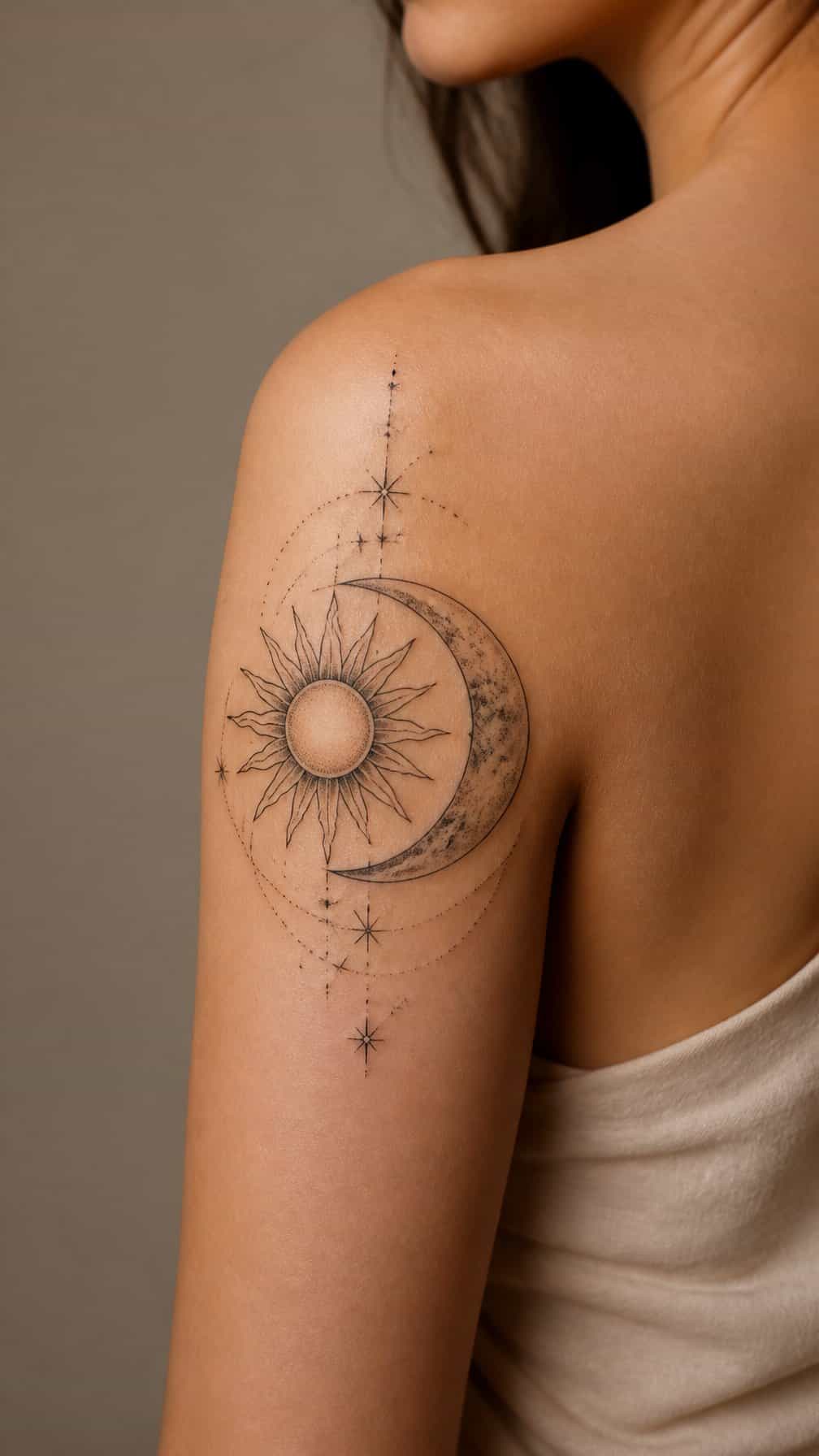 A celestial sun and crescent moon tattoo curves across a person’s shoulder and upper arm.