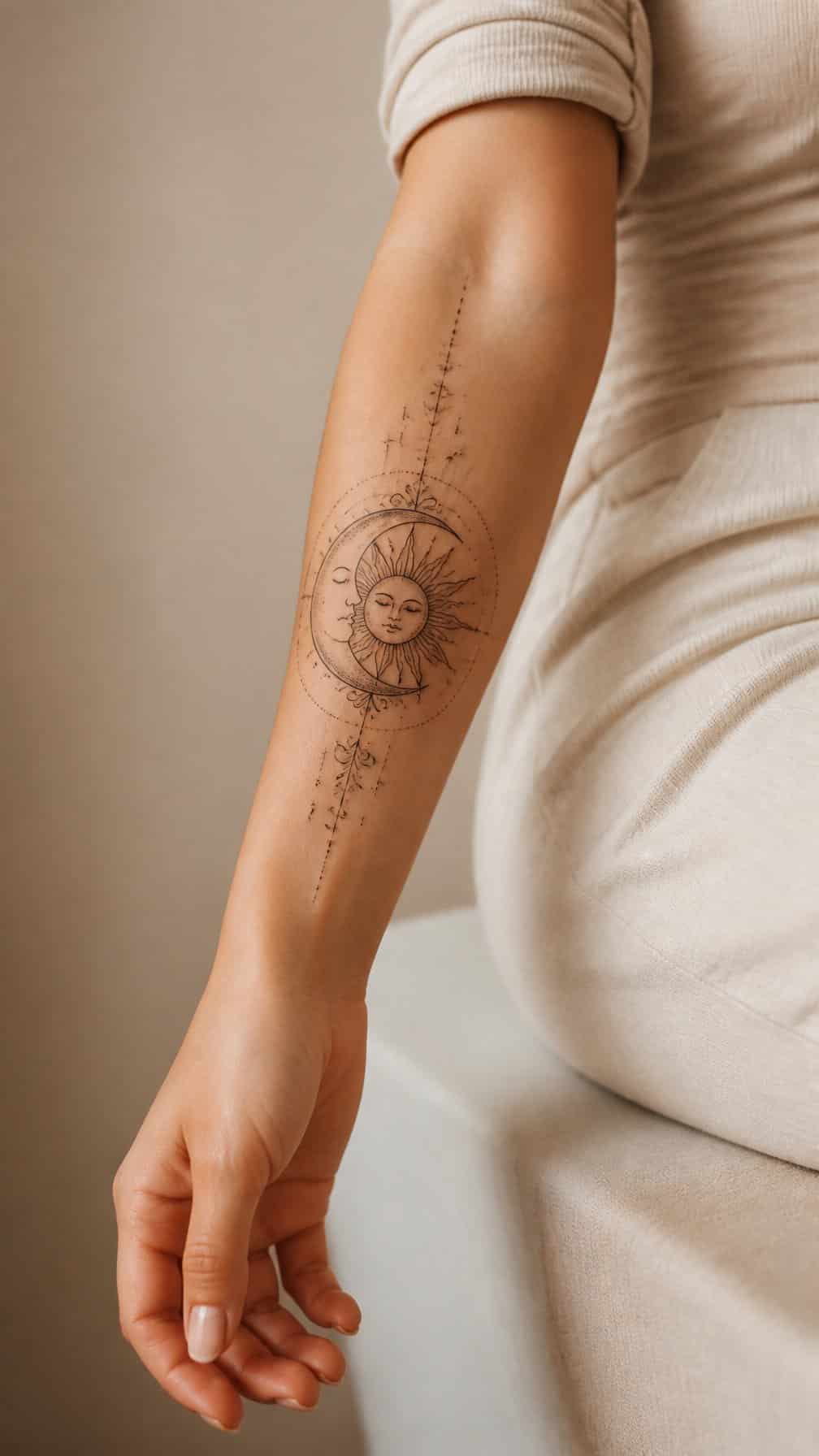 A woman's forearm displays a delicate sun and crescent moon tattoo surrounded by small stars.