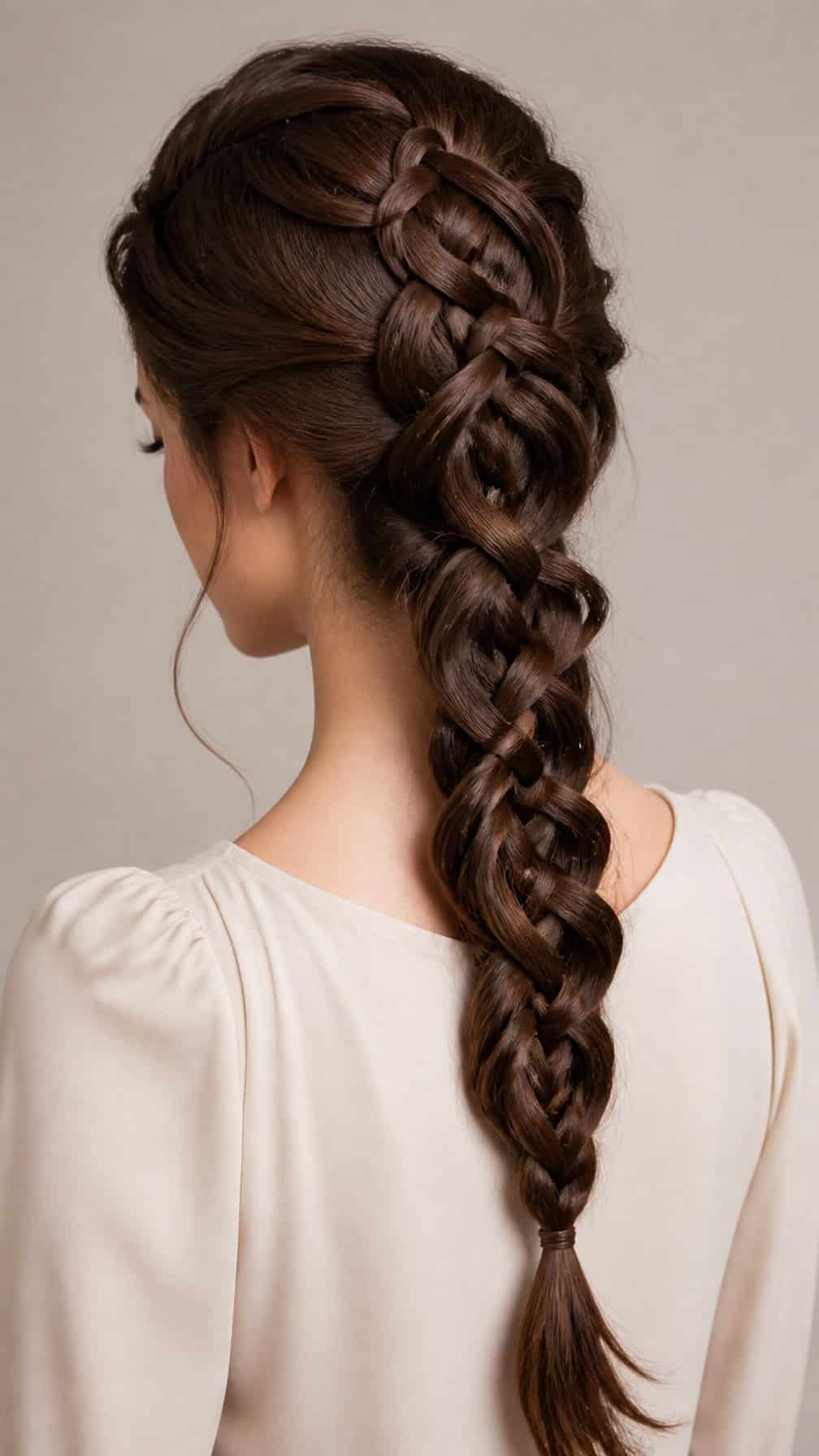 Woman with long dark hair styled in an intricate Celtic knot braid.