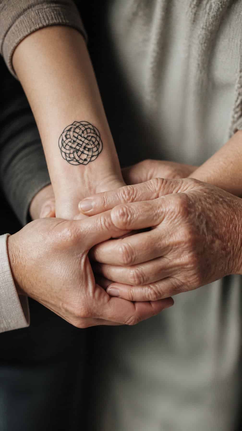 Several family members gently hold hands, with a Celtic knot tattoo visible on one forearm.