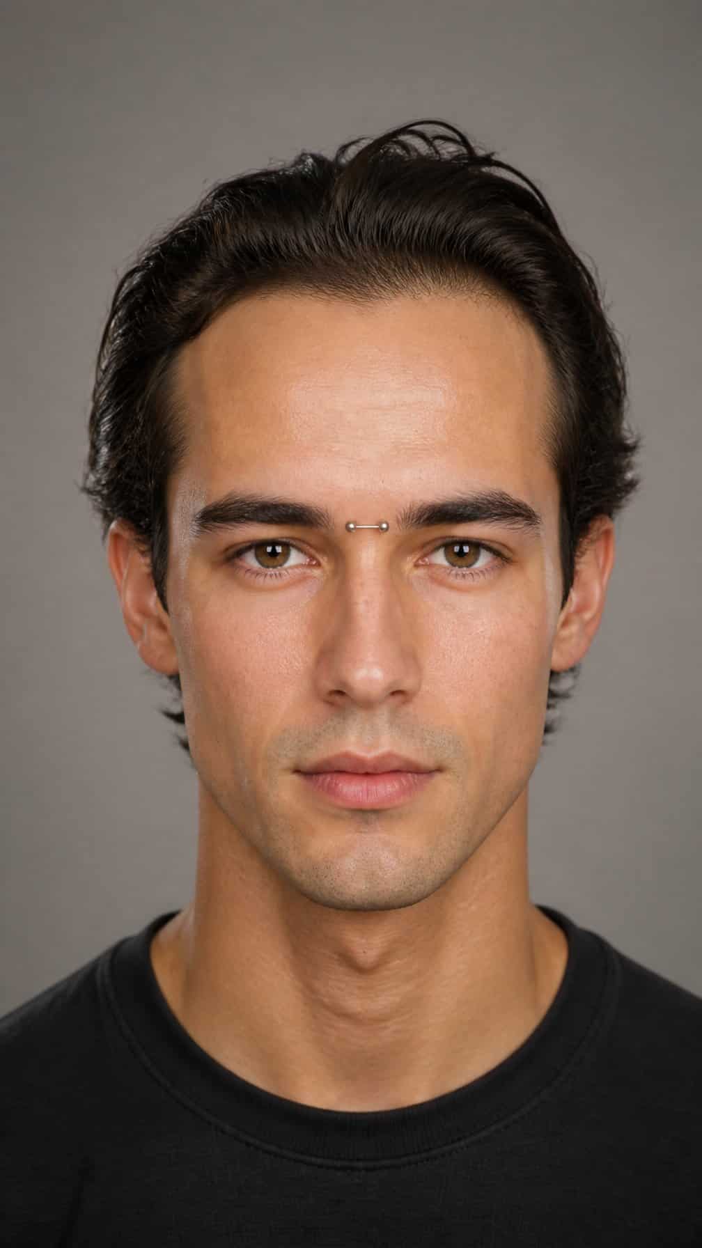 A person with a broad forehead and a centered metallic eyebrow piercing looks directly at the camera.