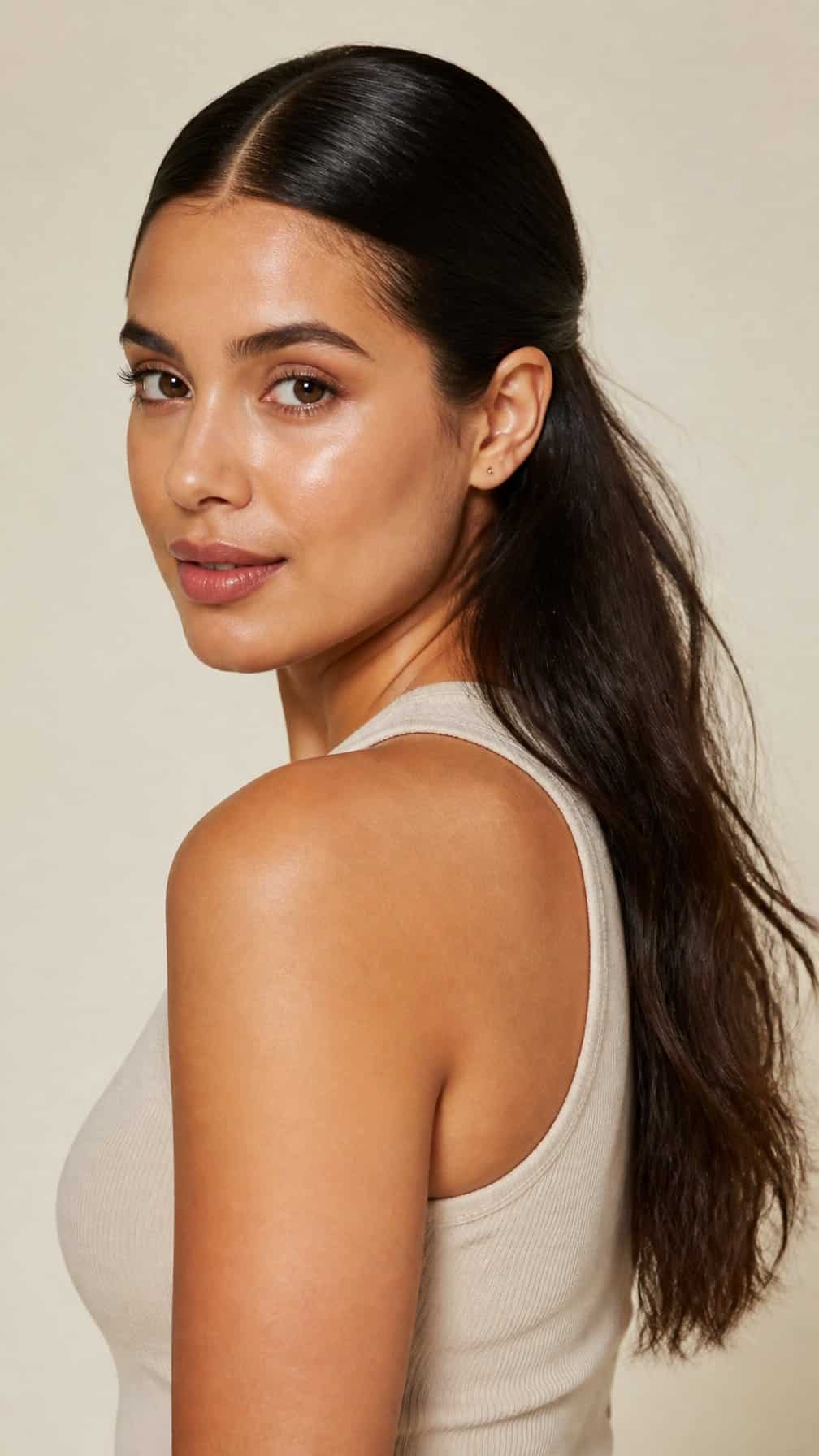A woman with her hair brushed back from a center part and loose ends.