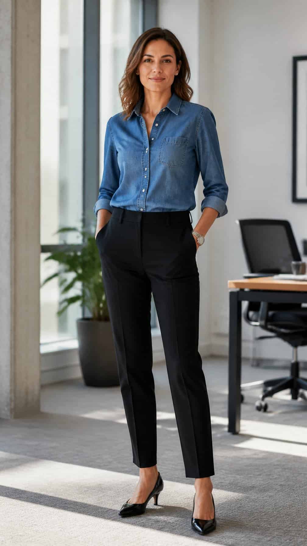 A woman wears a chambray shirt with tailored black trousers in a modern office.