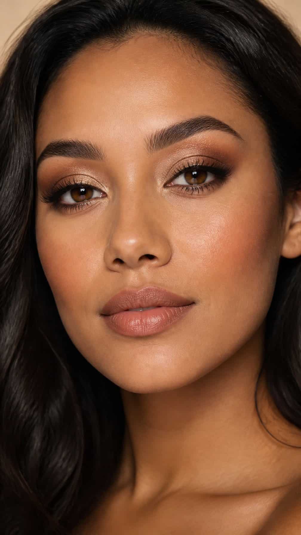 Close-up portrait of a woman wearing champagne and brown smokey eye makeup.