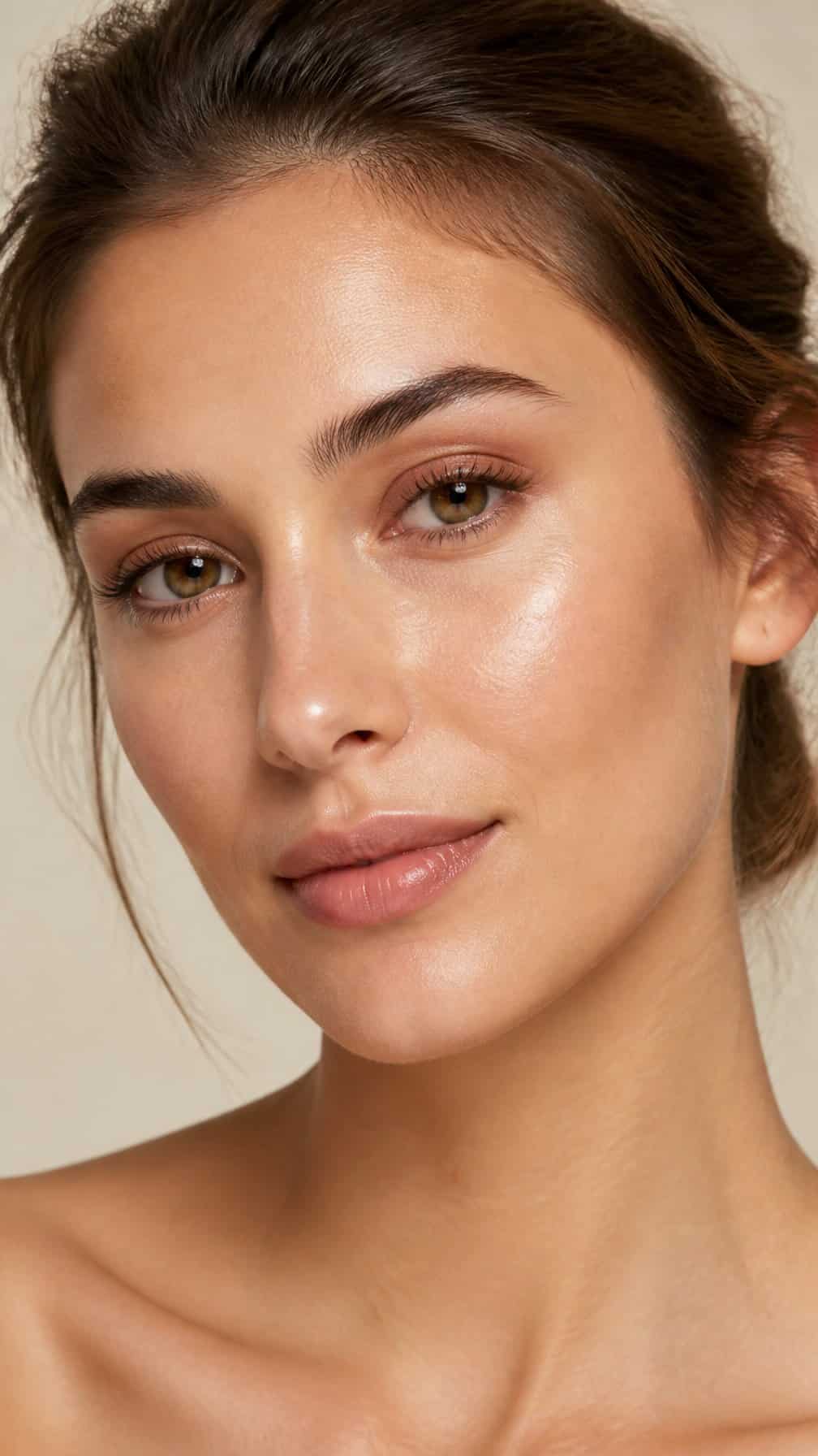 Close-up portrait of a woman wearing subtle champagne highlighter on her cheekbones, nose, brow bones, and cupid’s bow.