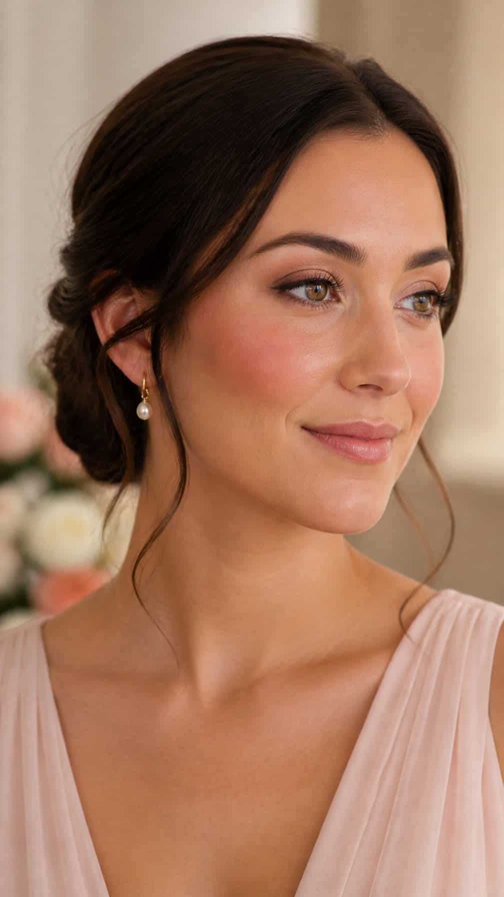 Bridesmaid wearing champagne eyeshadow and rosy blush.