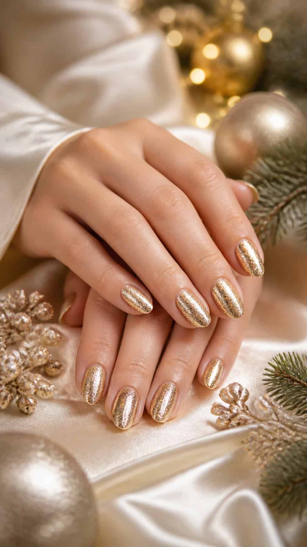Hands with champagne gold glitter manicured nails resting beside softly blurred festive decorations.
