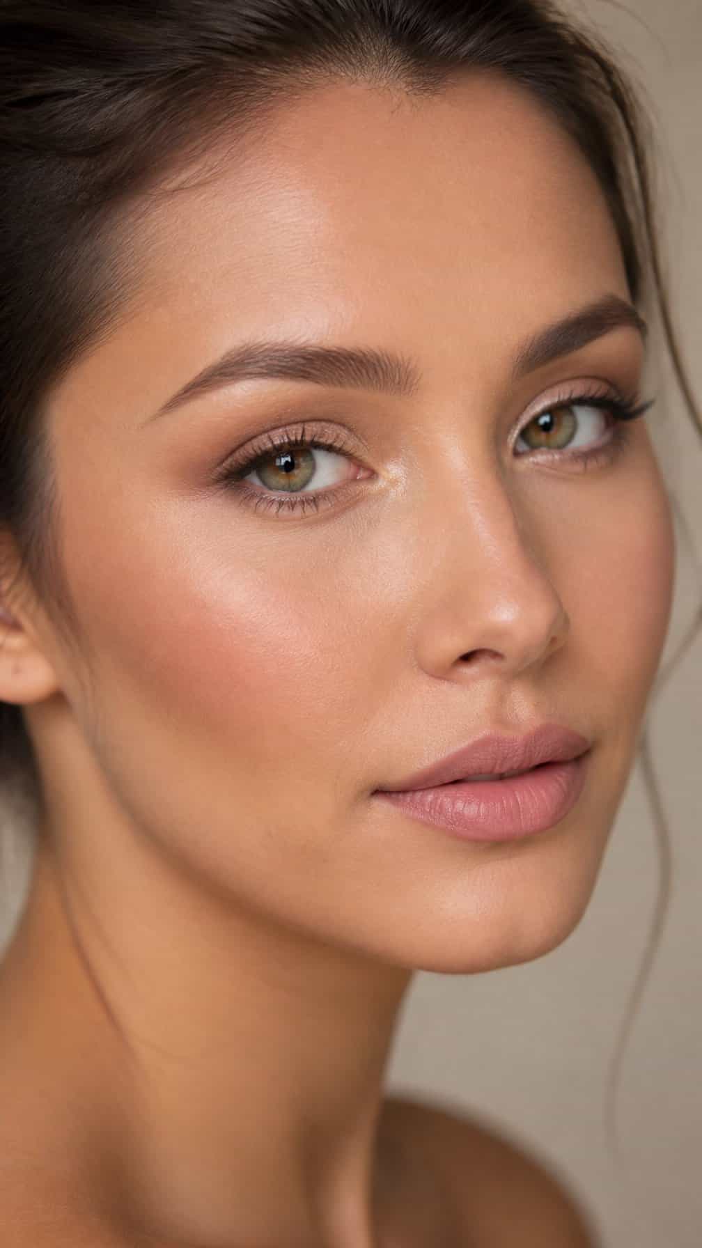 Close-up portrait of a woman with soft glam makeup and shimmering champagne highlights at the inner corners of her eyes.