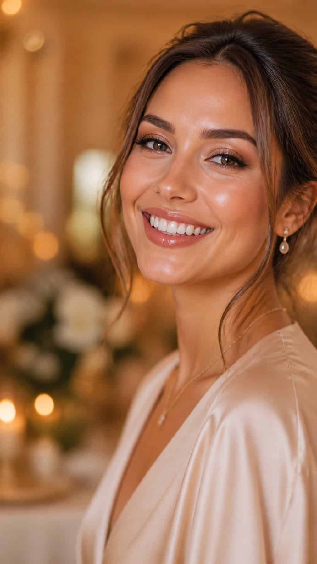 A smiling woman with champagne-toned eye makeup and glossy nude lips at an engagement celebration.