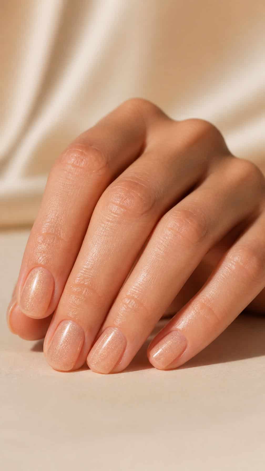 A hand with short shimmering champagne-colored nails resting on a light surface.