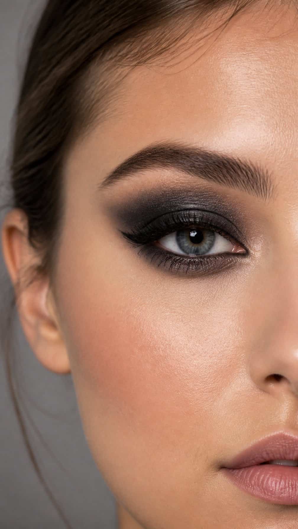 Close-up of a person with charcoal gray smoky eye makeup.