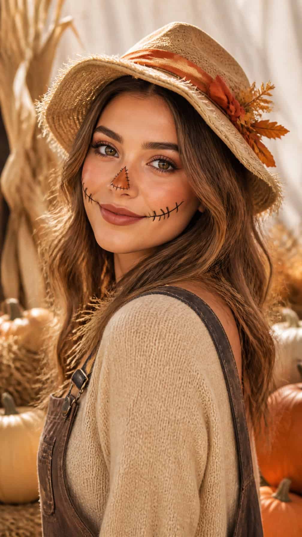 Woman wearing playful scarecrow makeup and a rustic hat in a warm autumn setting.