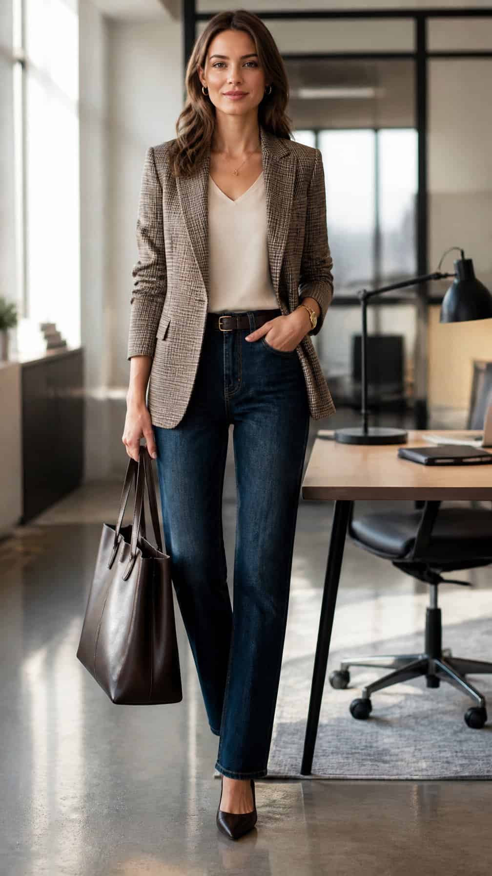 A person wears a checked blazer with dark-wash straight-leg jeans in a modern office.