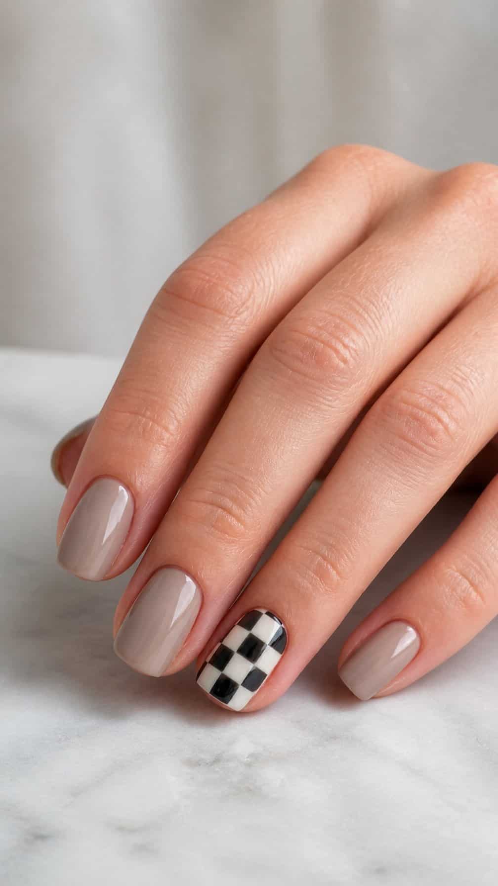 A manicured hand with a checkerboard pattern on one accent nail and neutral polish on the other nails.