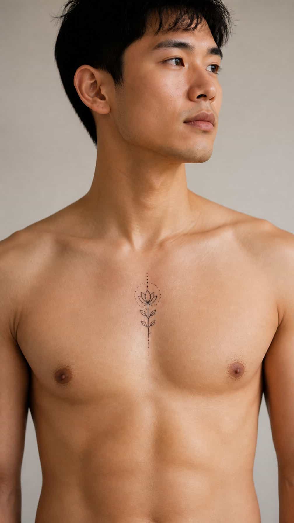 Adult person showing a small meaningful tattoo on the upper chest.