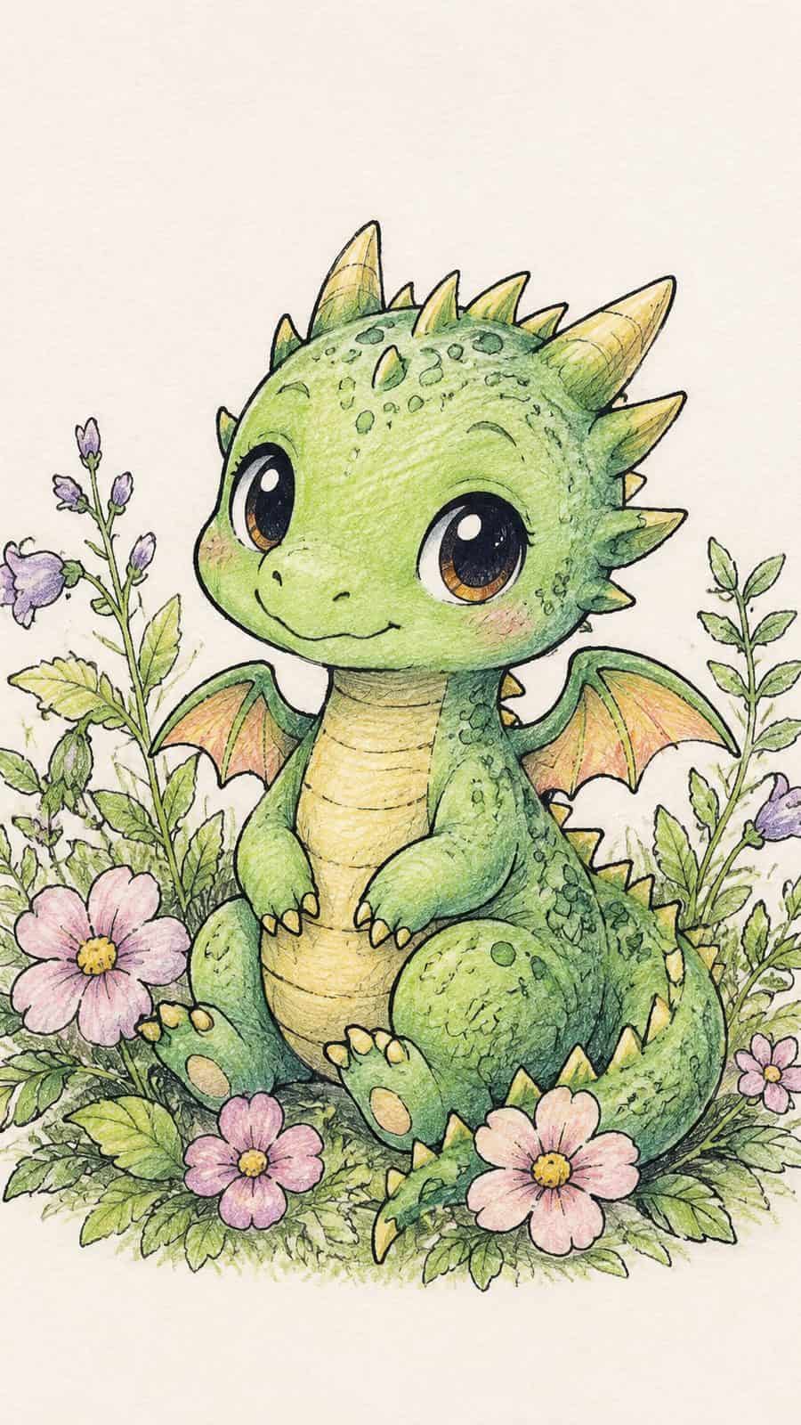 A hand-drawn artwork of chibi dragon with tiny wings.