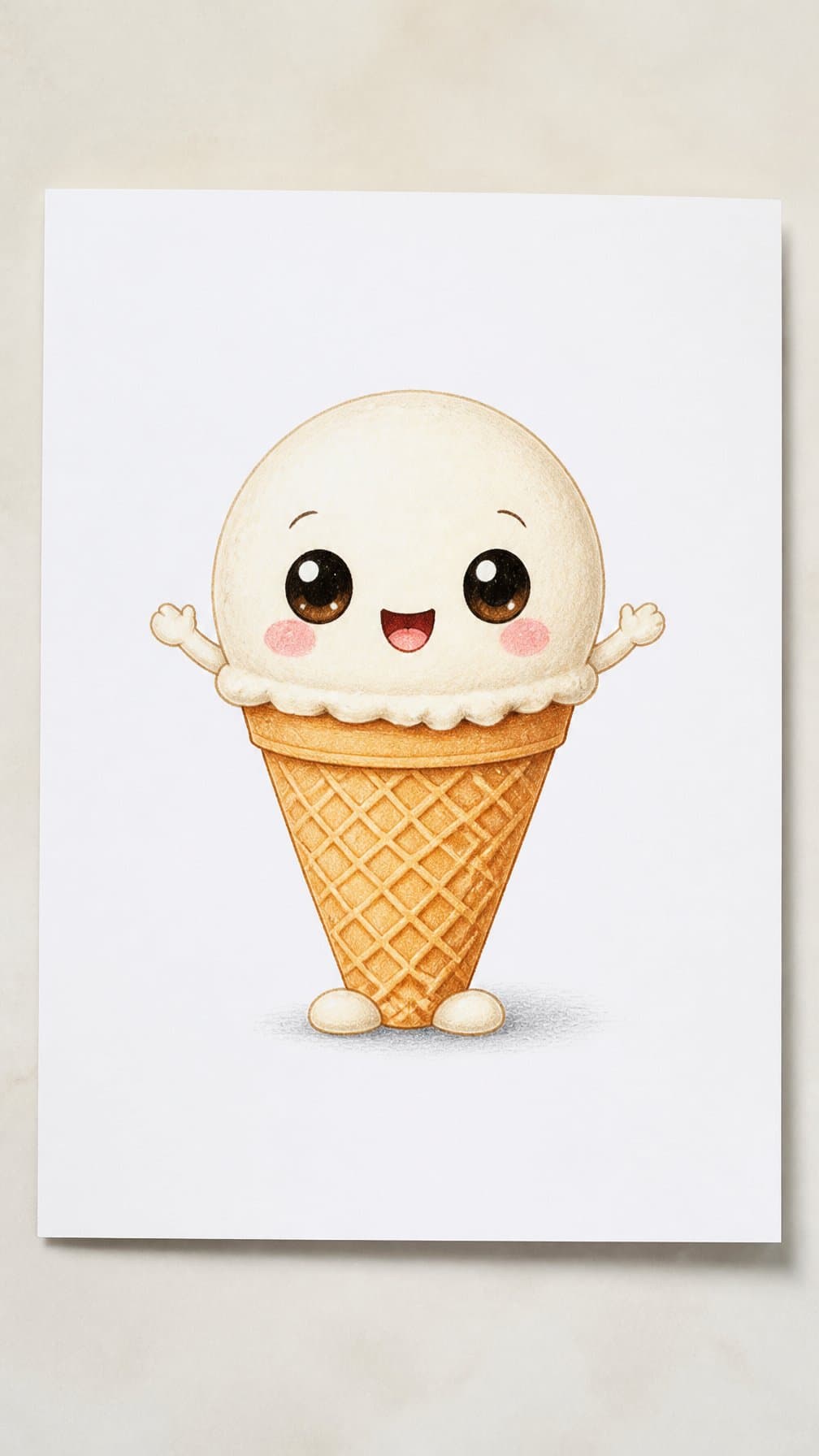 A smiling chibi ice cream cone with a scoop of ice cream on white paper.