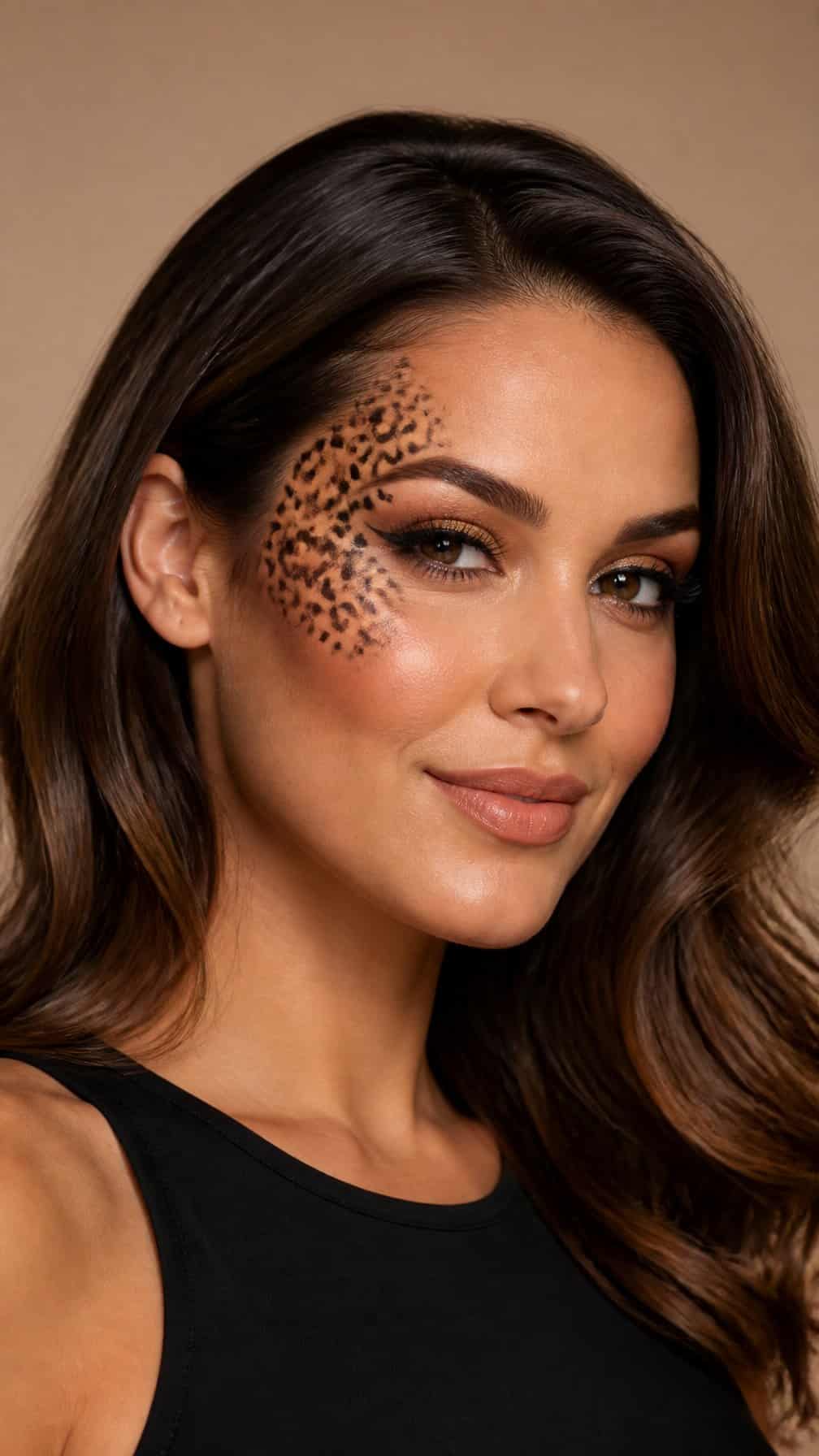 Woman wearing elegant leopard-inspired makeup with golden eyeshadow and spotted details around one eye.