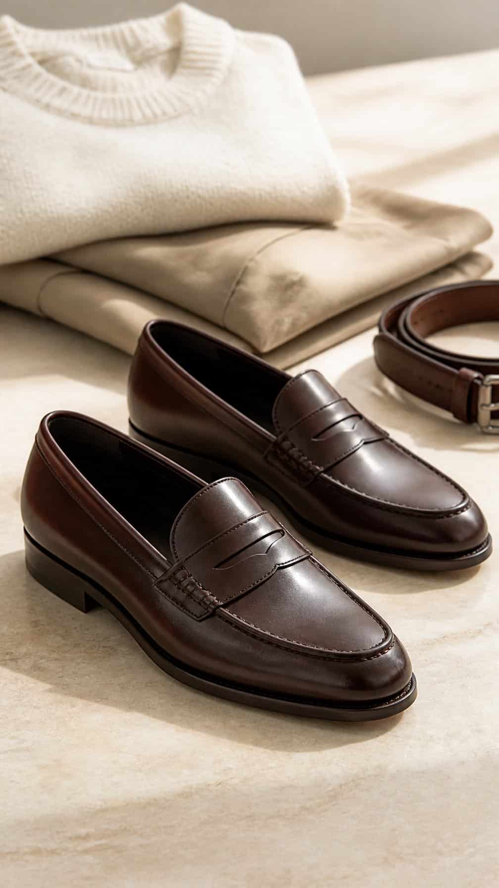 A pair of chocolate brown leather loafers arranged beside neutral clothing on a light tabletop.