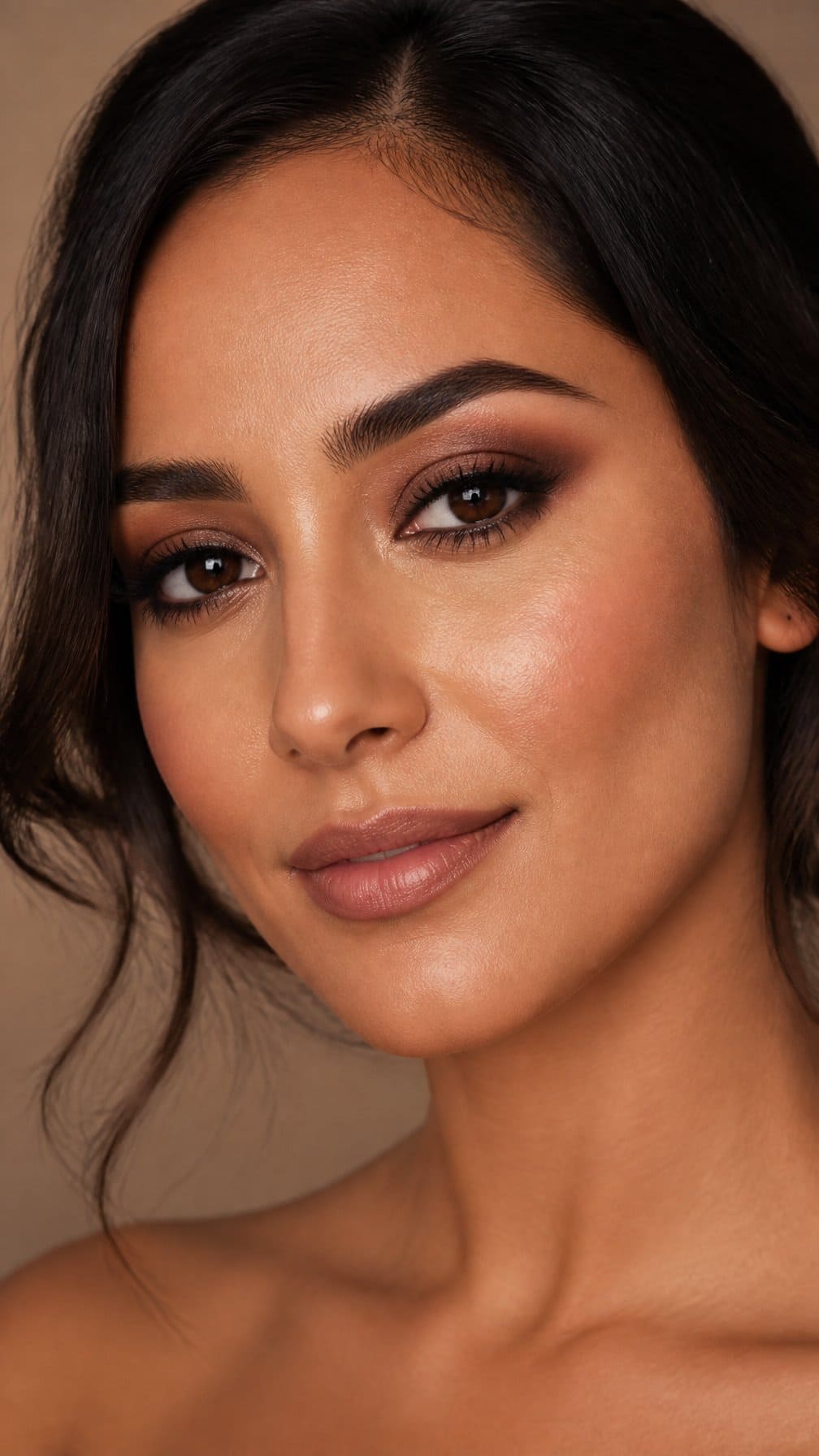 Close-up portrait of a woman wearing blended chocolate brown smokey eye makeup.