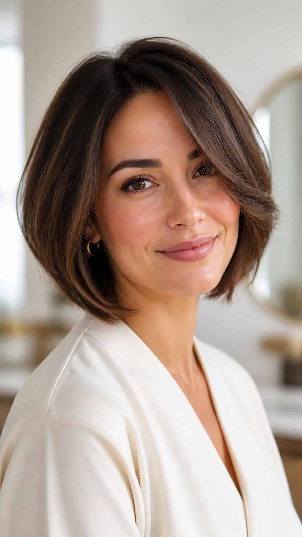 A woman with a polished chin-length bob haircut poses in a bright minimalist salon setting.