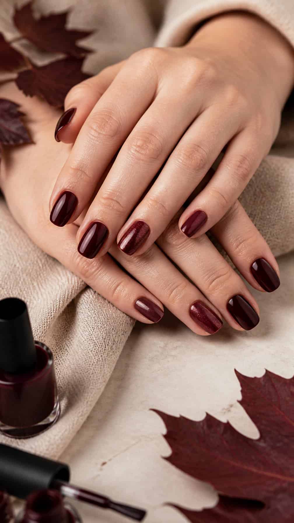 Hands with neatly manicured burgundy nails resting beside nail polish bottles and subtle decorative items.