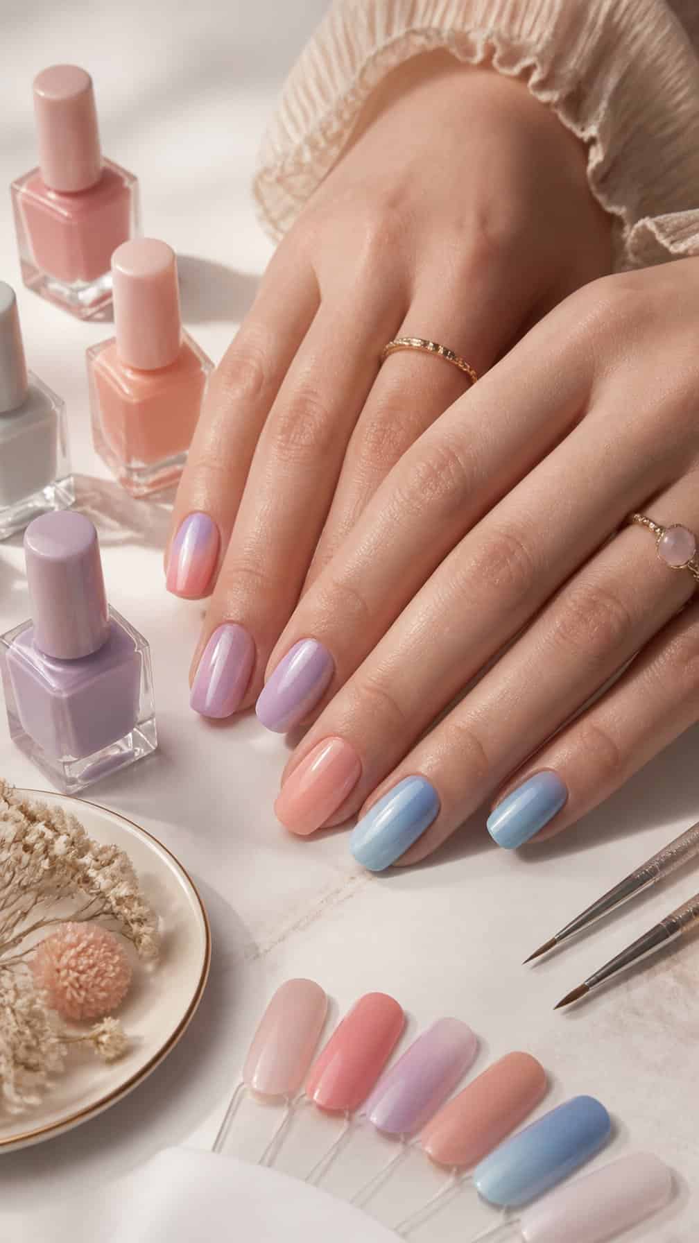 A close-up of manicured hands displaying colorful ombre nails beside polish bottles and manicure tools.