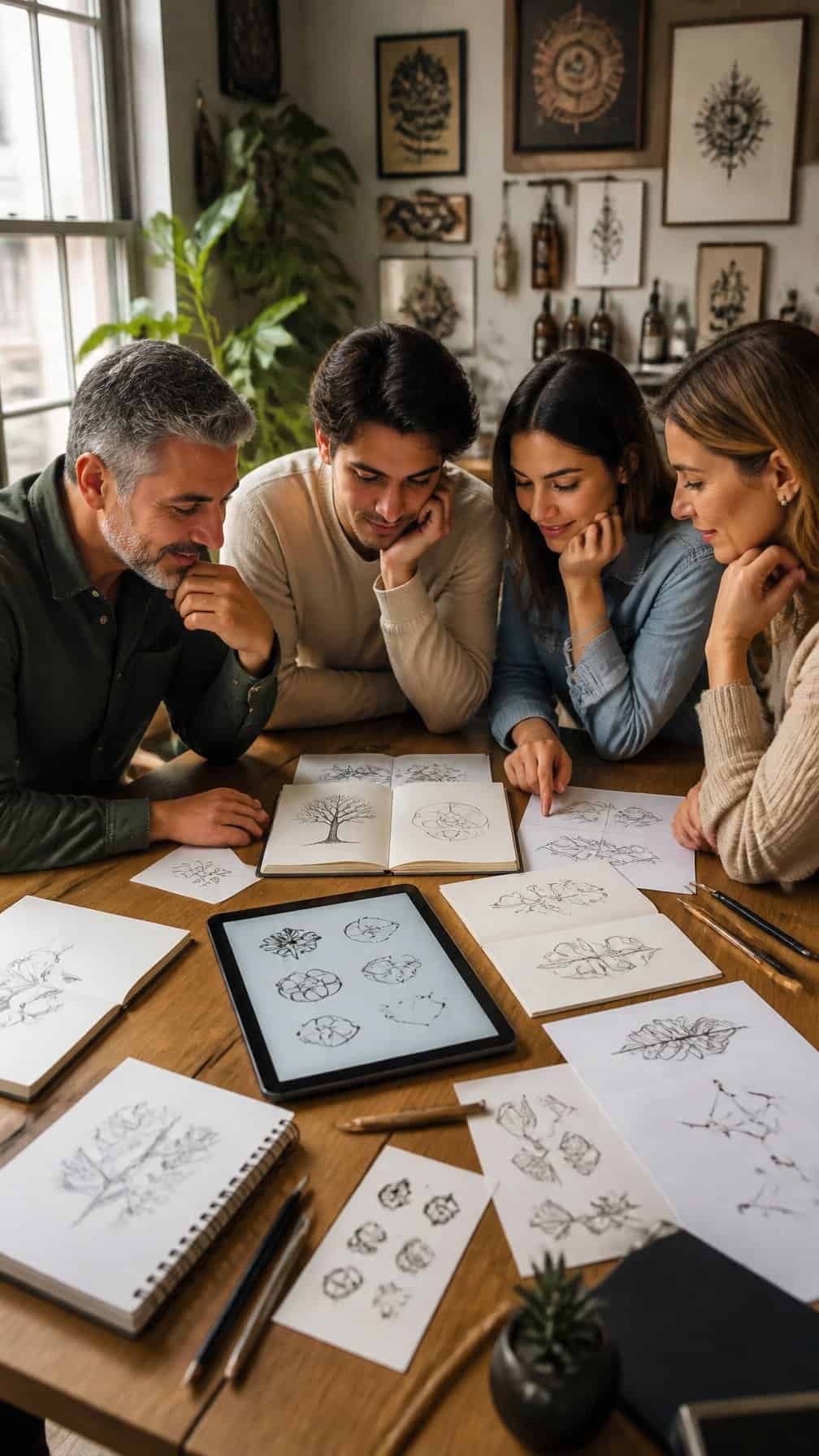 A family reviews meaningful tattoo design sketches together at a table.