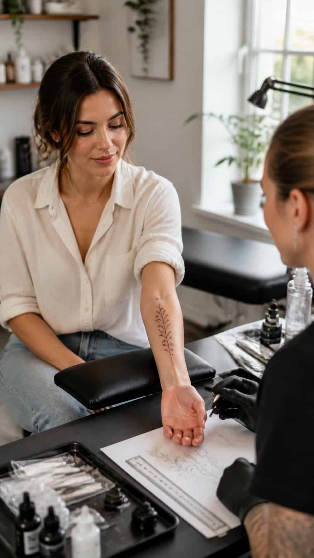 Woman showing her forearm during a tattoo placement consultation in a studio.