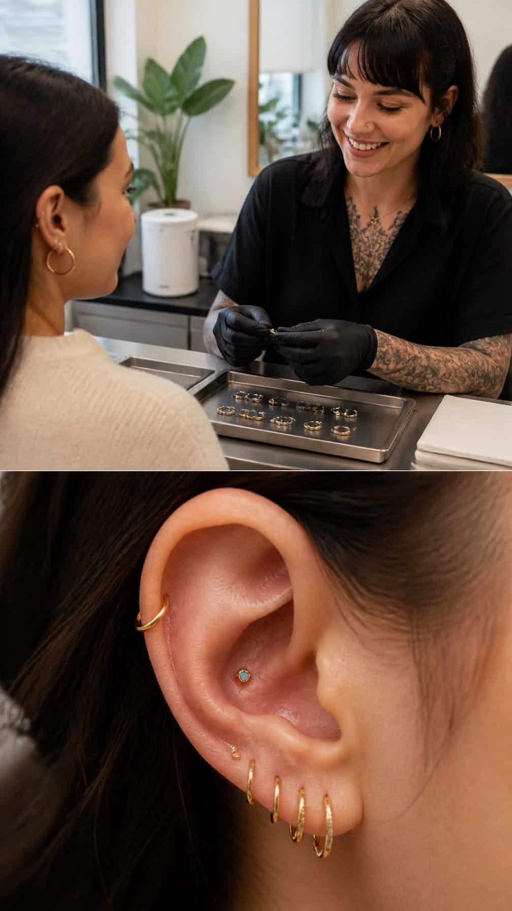 A professional piercer discusses conch jewelry options with a client in a clean studio.
