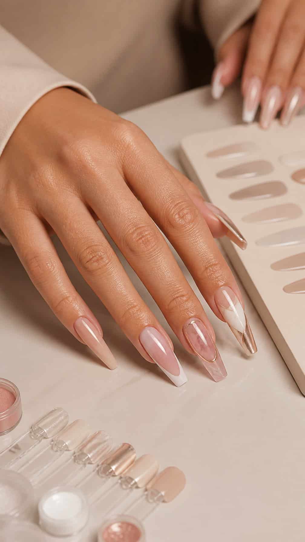A hand displays long, varied manicured nails on a neutral surface.
