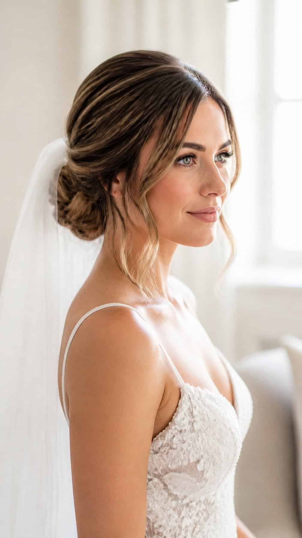 A bride sits near a window during wedding preparations.