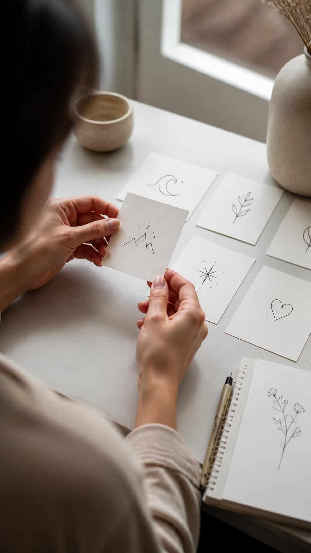 A person reviews simple tattoo design symbols on paper beside a sketchbook and pen.