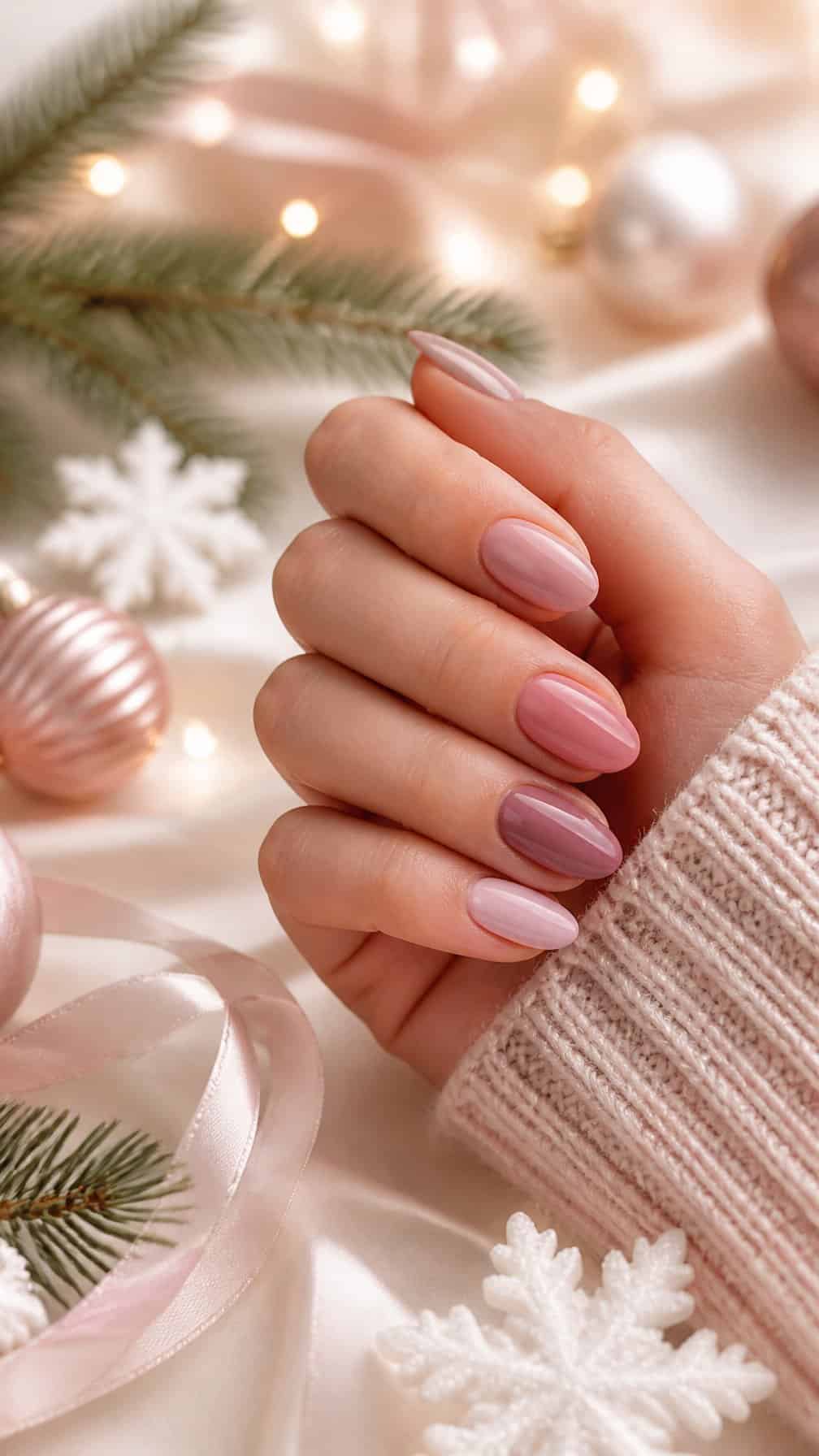 A hand with glossy pink manicured nails surrounded by delicate holiday decorations.